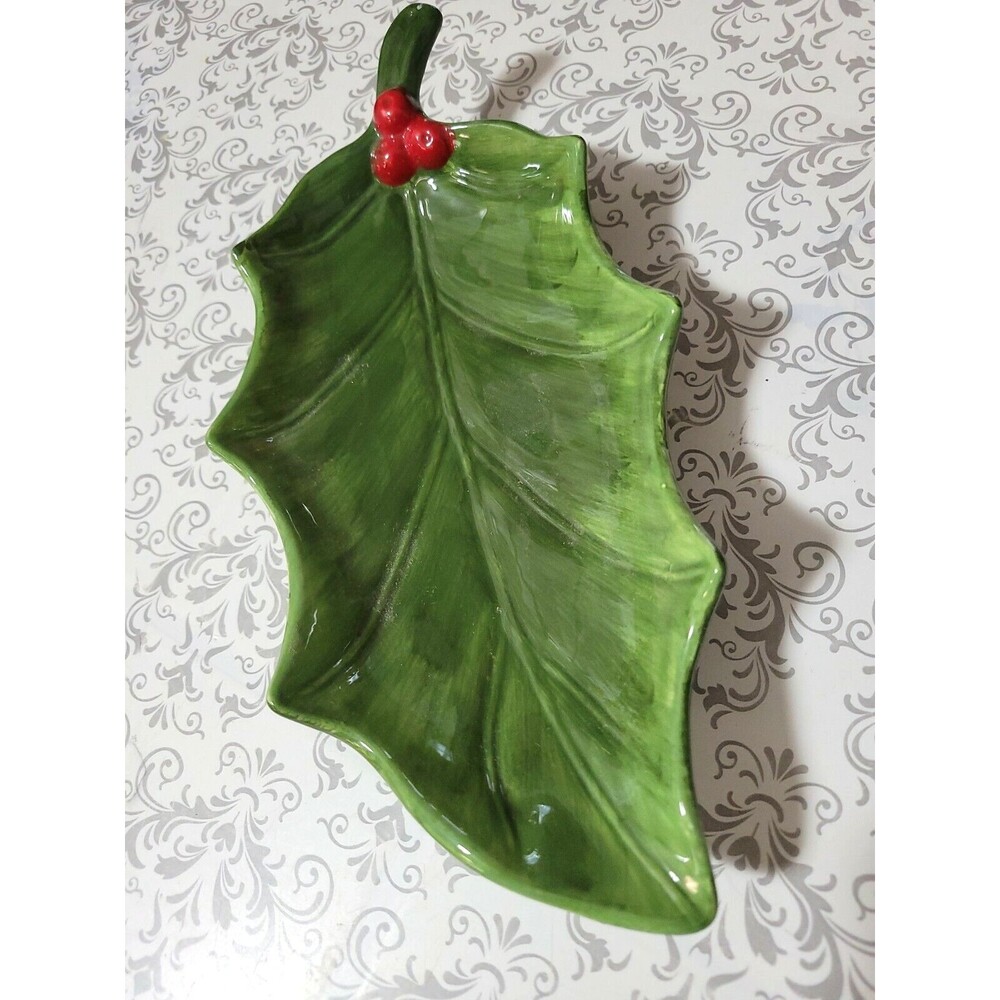 Maxcera Holly Berry  Porcelain Leaf Serving Dish 10" stem to point 5" wide. EUC